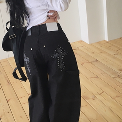 リベットワイドカーフェンダーパンツ BLACK