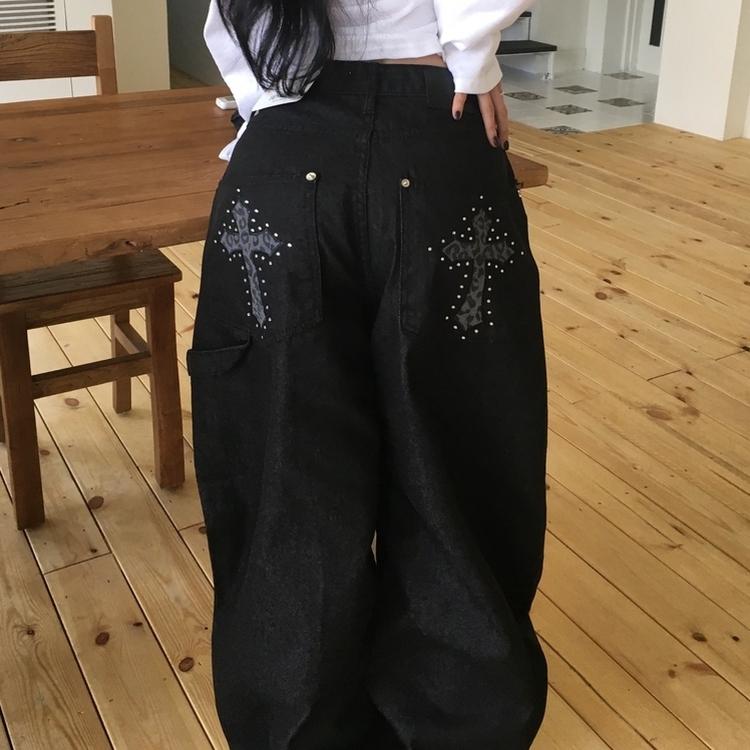 リベットワイドカーフェンダーパンツ BLACK