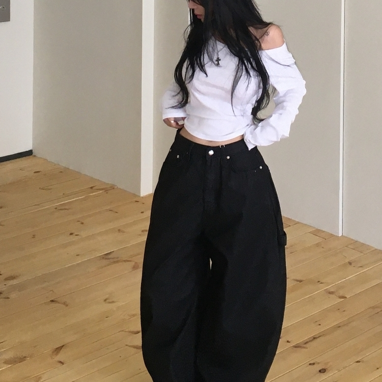 リベットワイドカーフェンダーパンツ BLACK