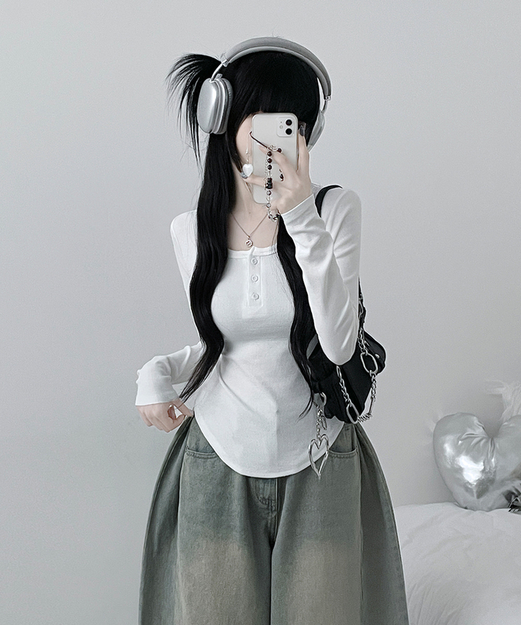 긴팔버전리치버튼라운드세미크롭굴림긴팔티셔츠