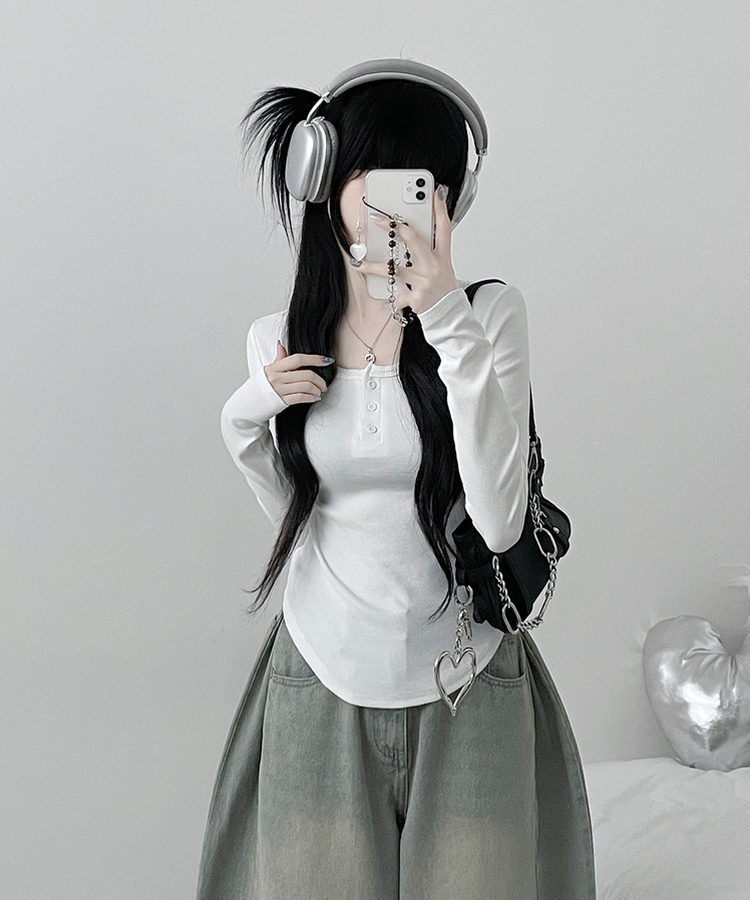 긴팔버전리치버튼라운드세미크롭굴림긴팔티셔츠