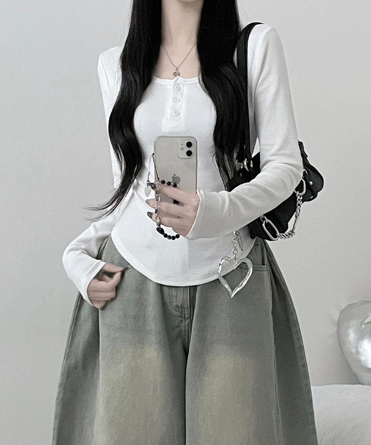 긴팔버전리치버튼라운드세미크롭굴림긴팔티셔츠