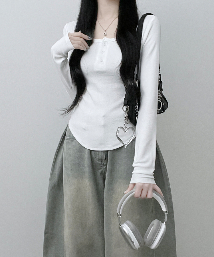 긴팔버전리치버튼라운드세미크롭굴림긴팔티셔츠