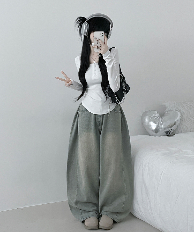 긴팔버전리치버튼라운드세미크롭굴림긴팔티셔츠