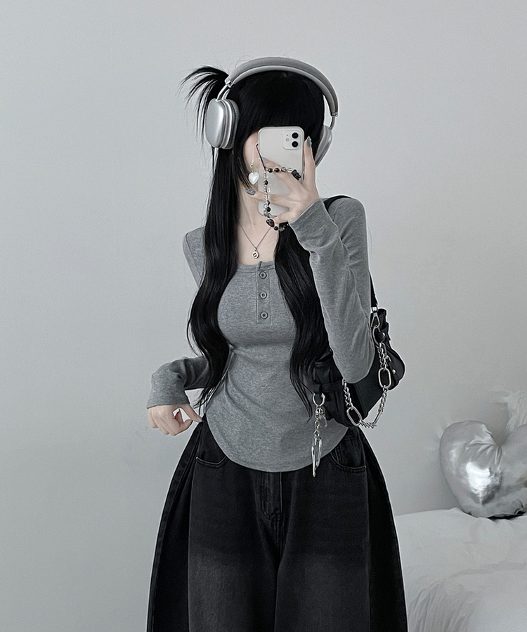 긴팔버전리치버튼라운드세미크롭굴림긴팔티셔츠