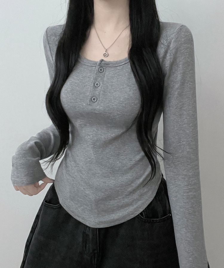 긴팔버전리치버튼라운드세미크롭굴림긴팔티셔츠