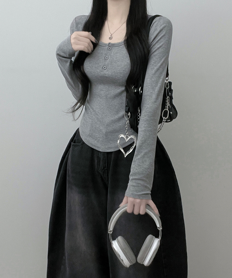 긴팔버전리치버튼라운드세미크롭굴림긴팔티셔츠