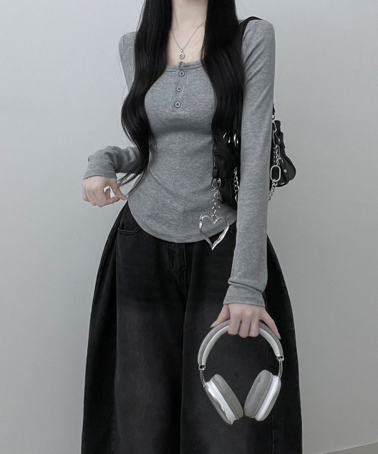 긴팔버전리치버튼라운드세미크롭굴림긴팔티셔츠