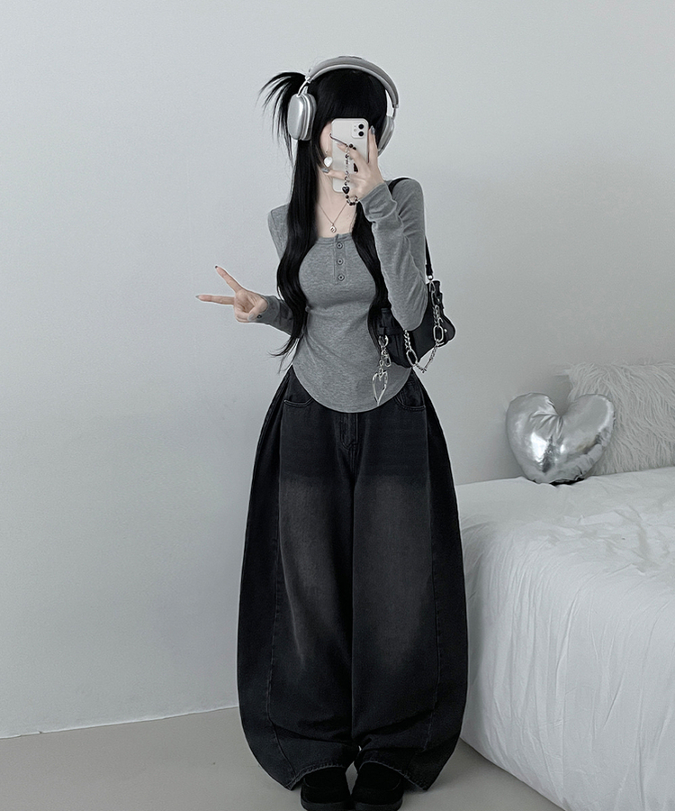 긴팔버전리치버튼라운드세미크롭굴림긴팔티셔츠