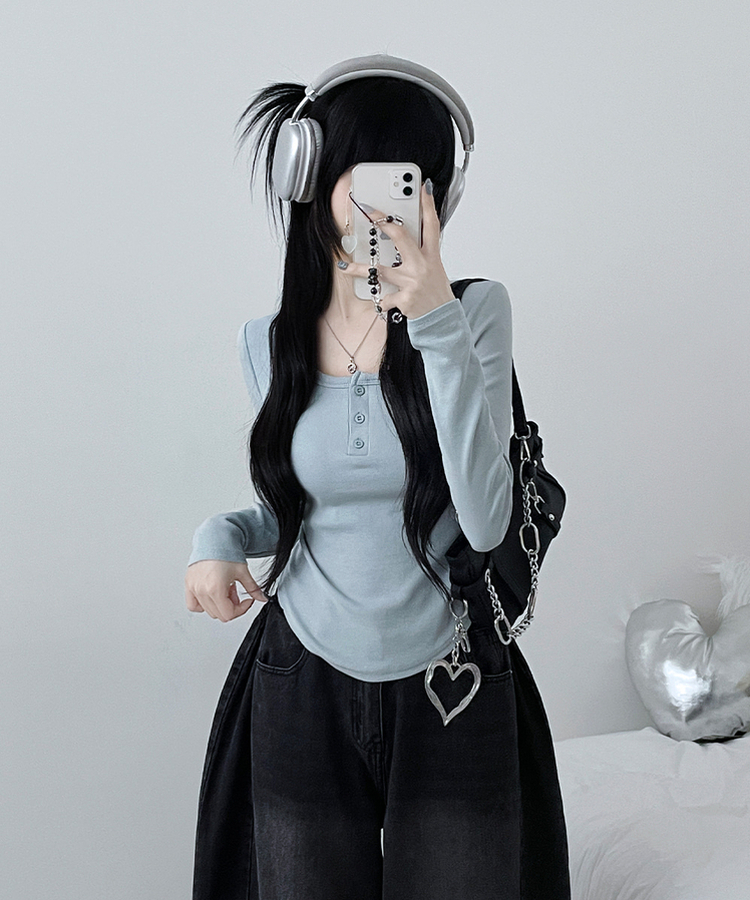 긴팔버전리치버튼라운드세미크롭굴림긴팔티셔츠