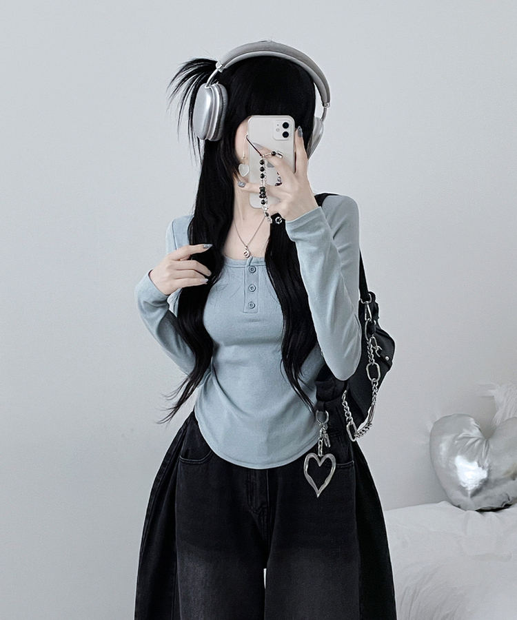 긴팔버전리치버튼라운드세미크롭굴림긴팔티셔츠