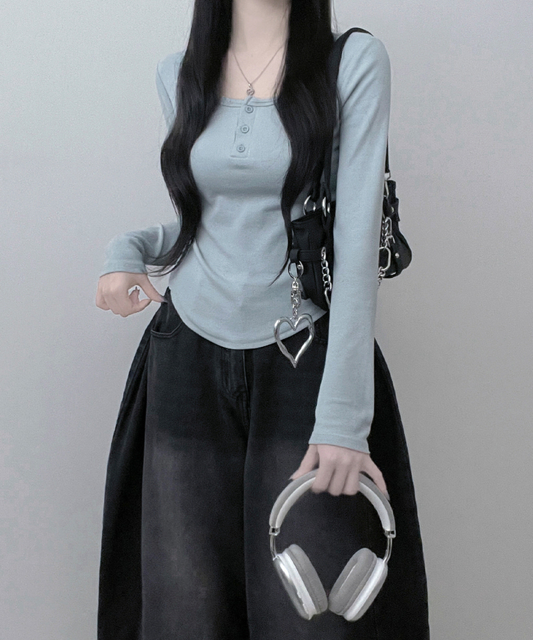 긴팔버전리치버튼라운드세미크롭굴림긴팔티셔츠