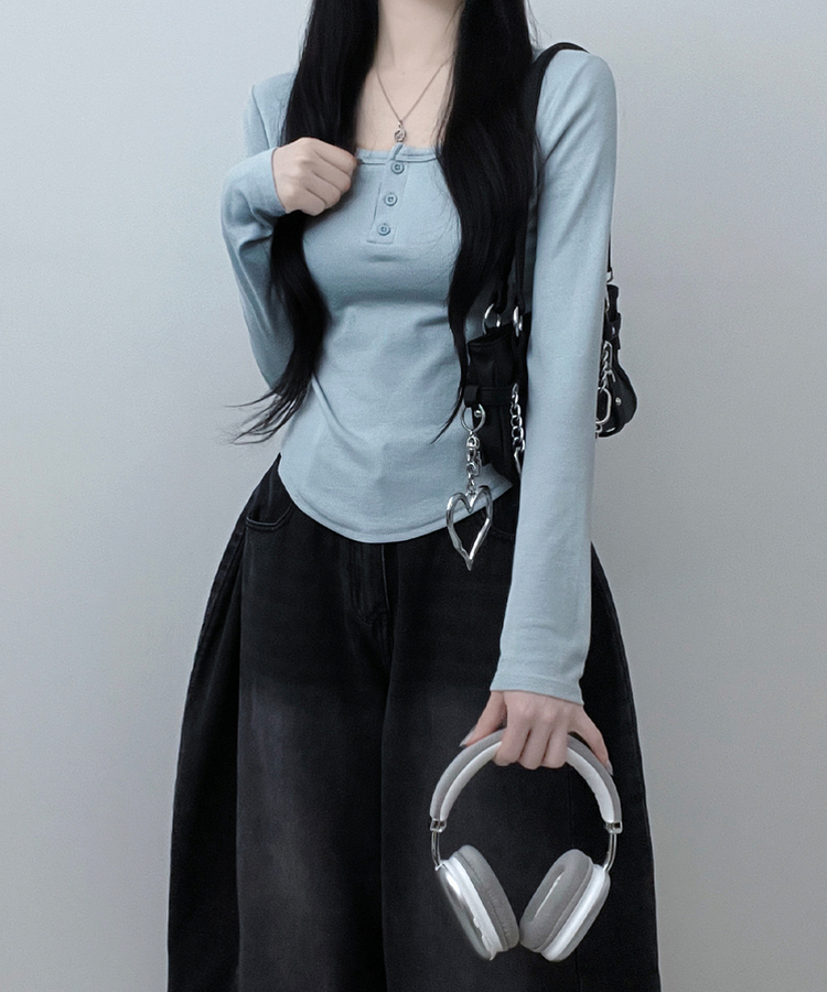 긴팔버전리치버튼라운드세미크롭굴림긴팔티셔츠