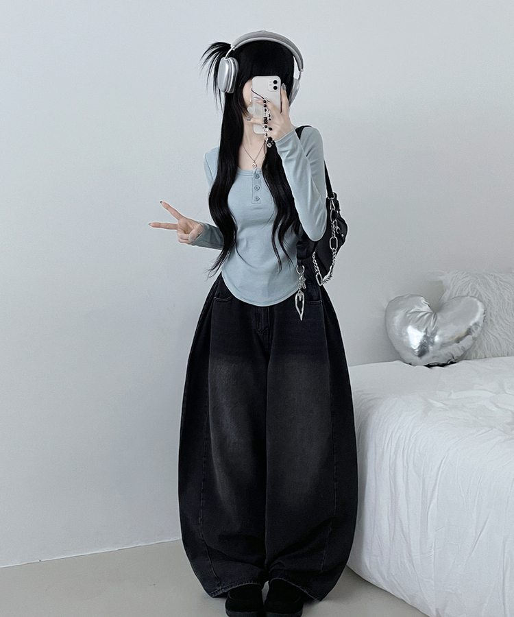 긴팔버전리치버튼라운드세미크롭굴림긴팔티셔츠