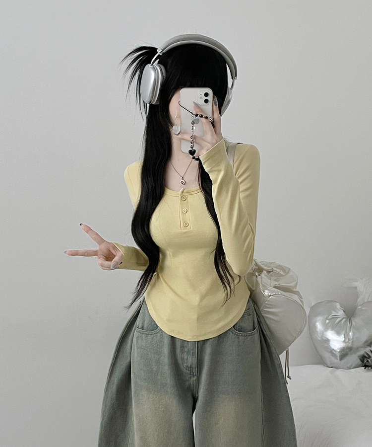 긴팔버전리치버튼라운드세미크롭굴림긴팔티셔츠