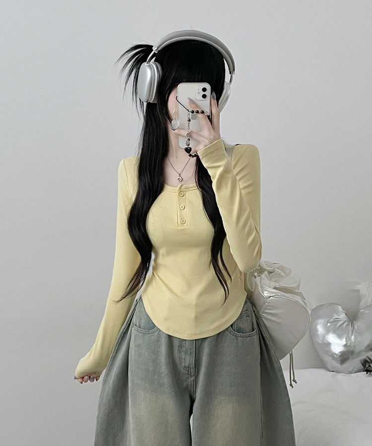 긴팔버전리치버튼라운드세미크롭굴림긴팔티셔츠