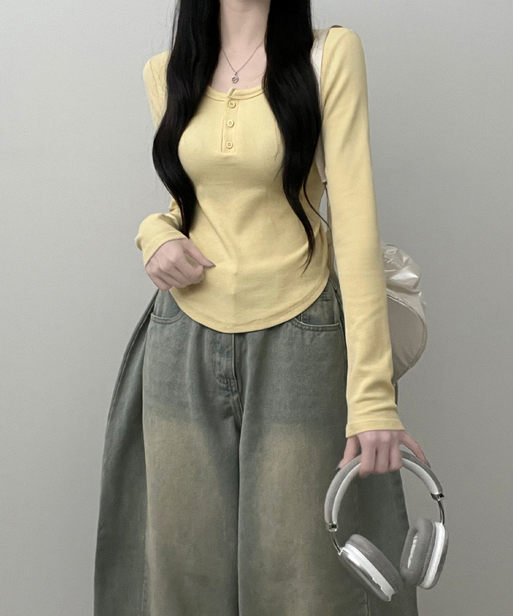 긴팔버전리치버튼라운드세미크롭굴림긴팔티셔츠