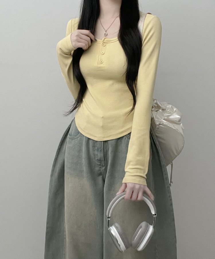 긴팔버전리치버튼라운드세미크롭굴림긴팔티셔츠