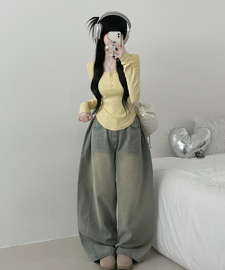 긴팔버전리치버튼라운드세미크롭굴림긴팔티셔츠