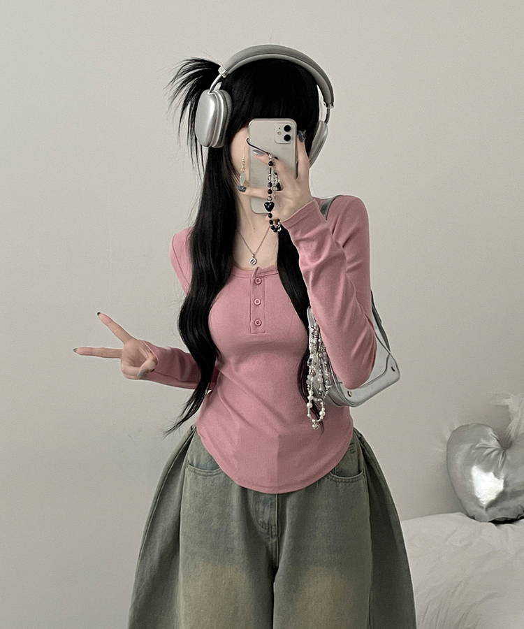 긴팔버전리치버튼라운드세미크롭굴림긴팔티셔츠