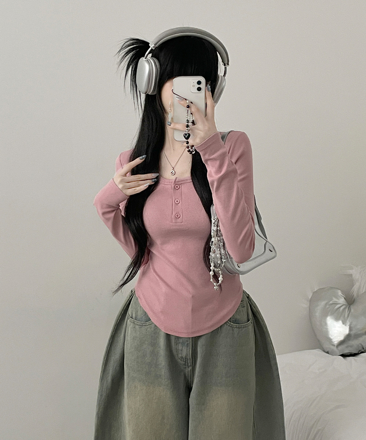 긴팔버전리치버튼라운드세미크롭굴림긴팔티셔츠