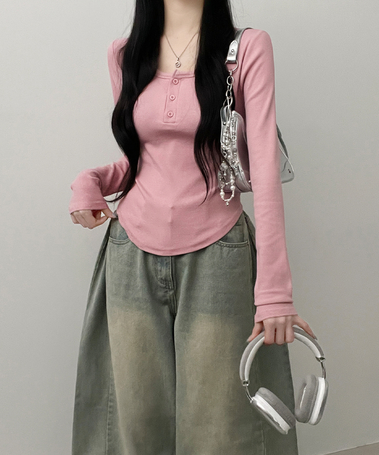 긴팔버전리치버튼라운드세미크롭굴림긴팔티셔츠