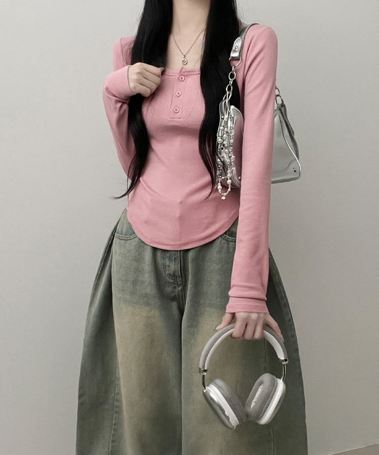 긴팔버전리치버튼라운드세미크롭굴림긴팔티셔츠