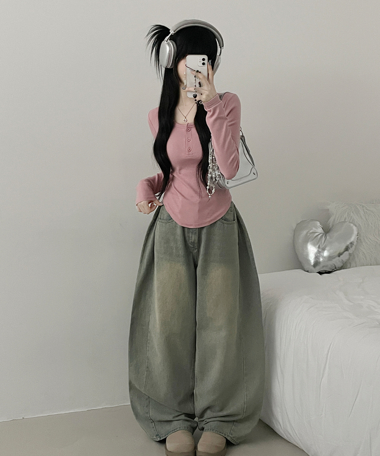 긴팔버전리치버튼라운드세미크롭굴림긴팔티셔츠