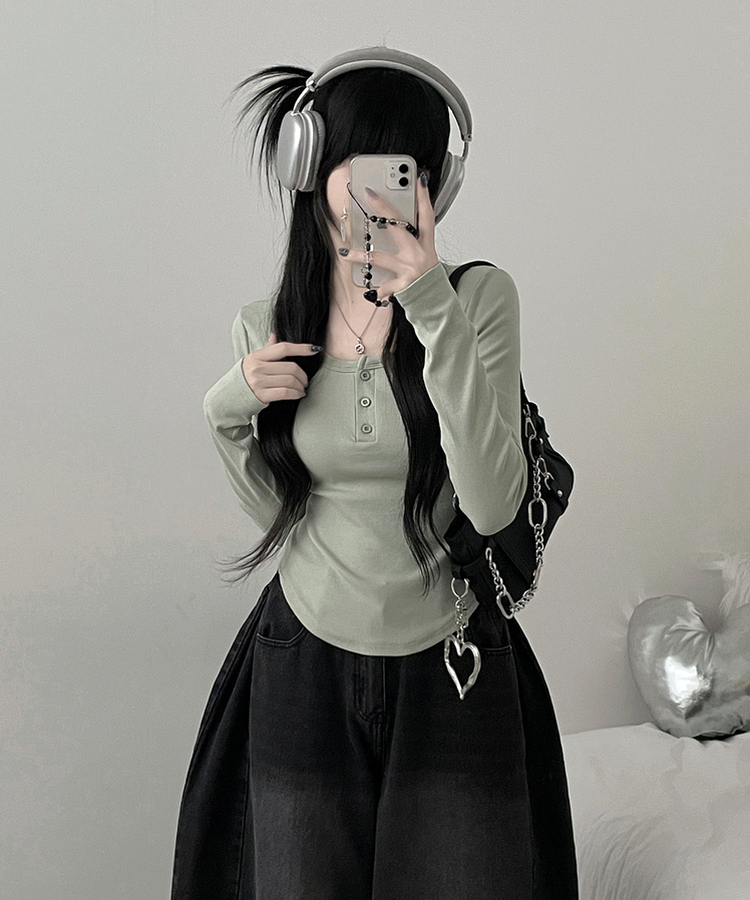 긴팔버전리치버튼라운드세미크롭굴림긴팔티셔츠