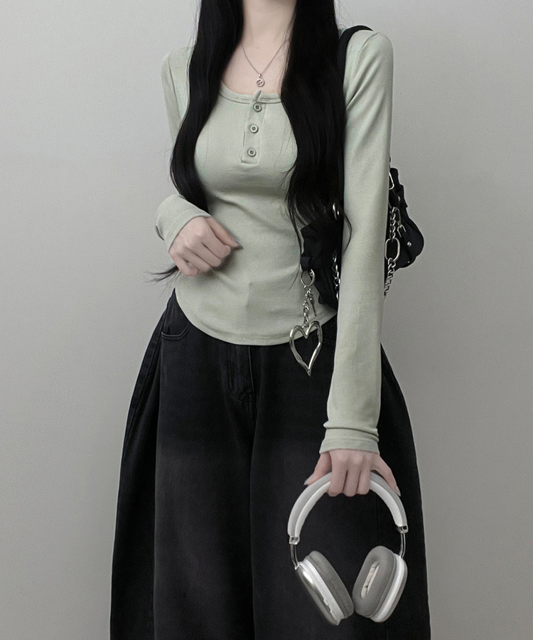 긴팔버전리치버튼라운드세미크롭굴림긴팔티셔츠