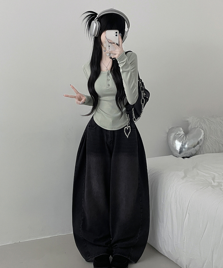 긴팔버전리치버튼라운드세미크롭굴림긴팔티셔츠