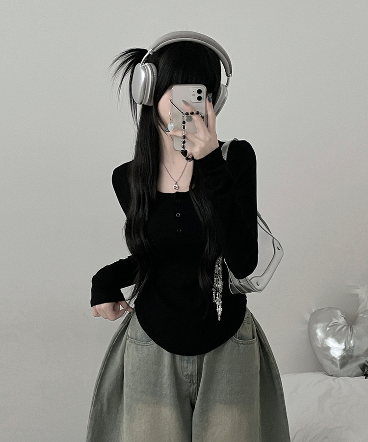 긴팔버전리치버튼라운드세미크롭굴림긴팔티셔츠