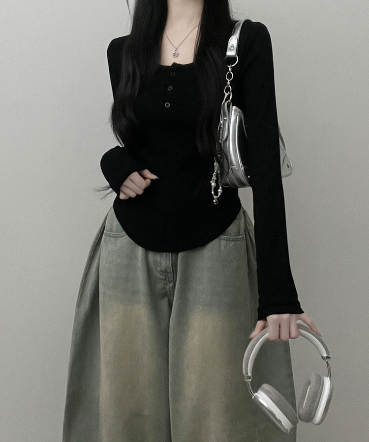 긴팔버전리치버튼라운드세미크롭굴림긴팔티셔츠