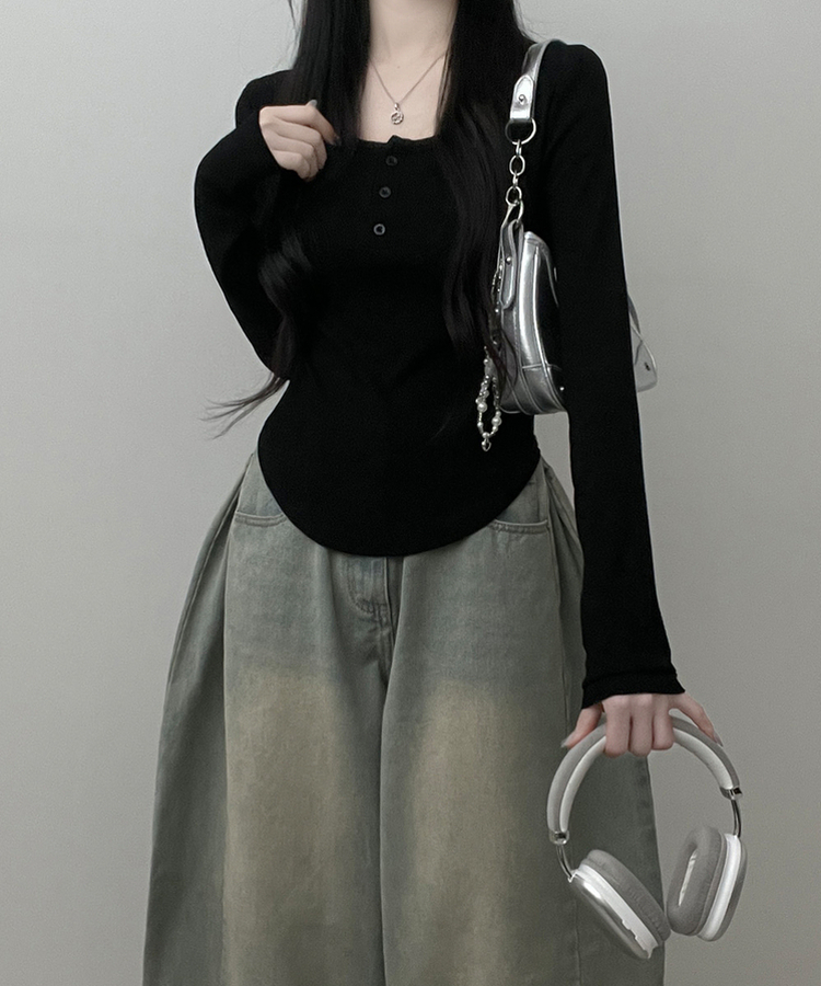 긴팔버전리치버튼라운드세미크롭굴림긴팔티셔츠