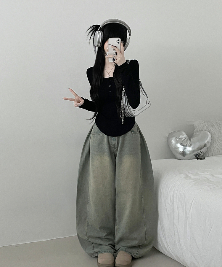 긴팔버전리치버튼라운드세미크롭굴림긴팔티셔츠