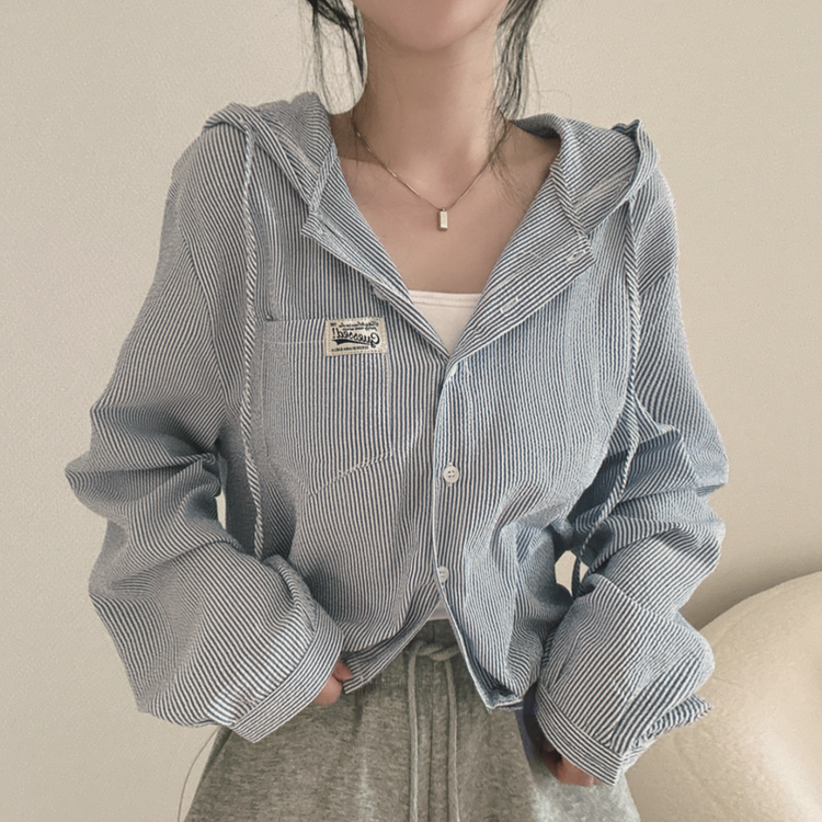 아방핏 스트라이프 와펜 루즈핏 남방 블루