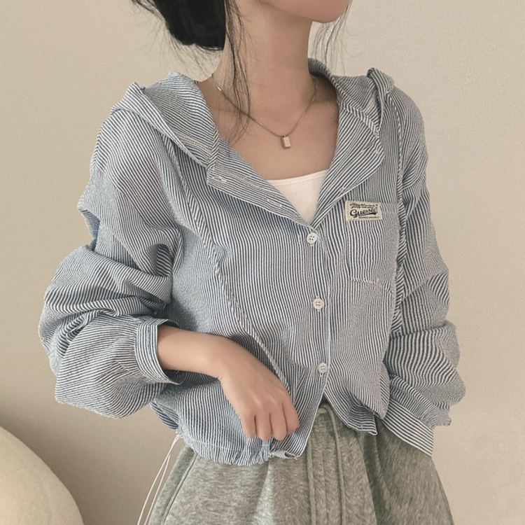 아방핏 스트라이프 와펜 루즈핏 남방 블루