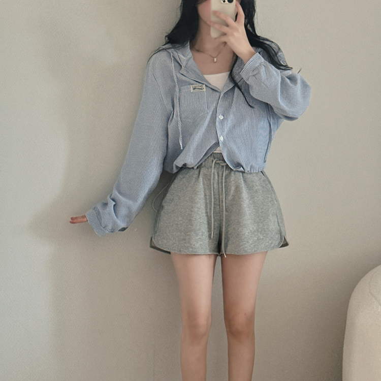 아방핏 스트라이프 와펜 루즈핏 남방 블루