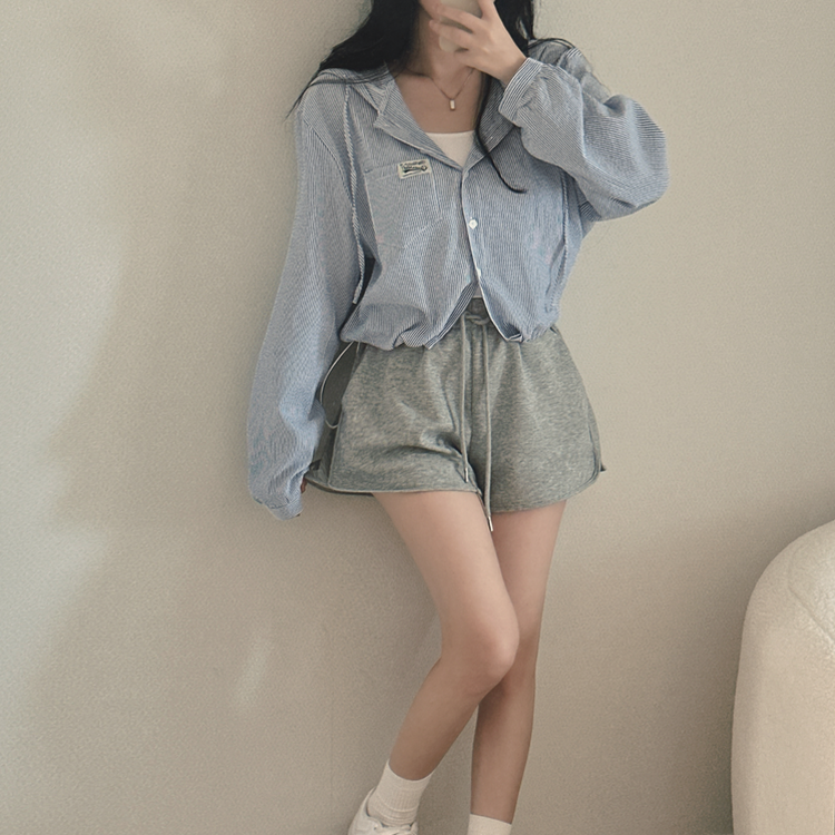 아방핏 스트라이프 와펜 루즈핏 남방 블루