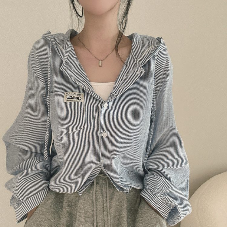 아방핏 스트라이프 와펜 루즈핏 남방 블루