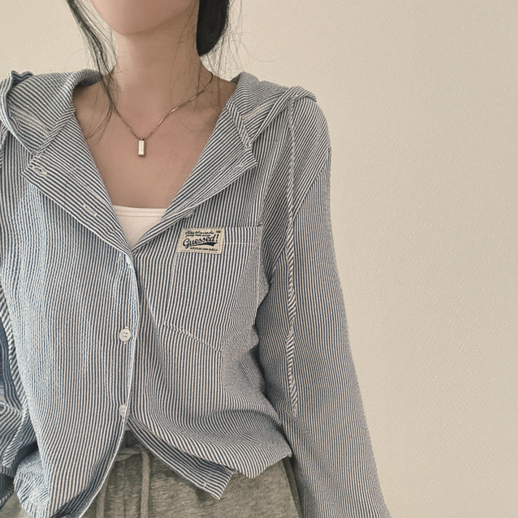 아방핏 스트라이프 와펜 루즈핏 남방 블루