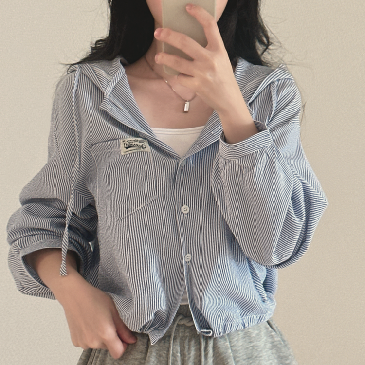 아방핏 스트라이프 와펜 루즈핏 남방 블루