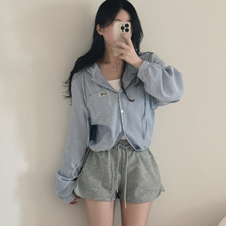 아방핏 스트라이프 와펜 루즈핏 남방 블루