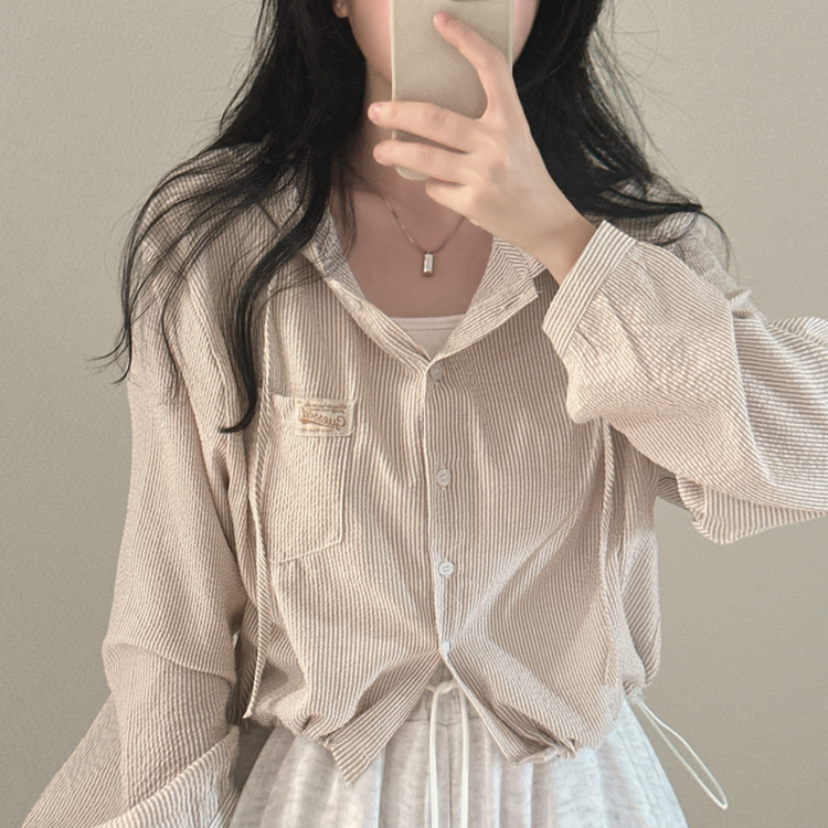 아방핏 스트라이프 와펜 루즈핏 남방 베이지