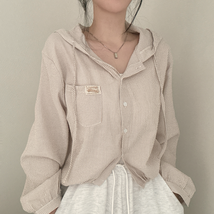 아방핏 스트라이프 와펜 루즈핏 남방 베이지