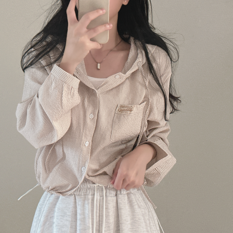 아방핏 스트라이프 와펜 루즈핏 남방 베이지