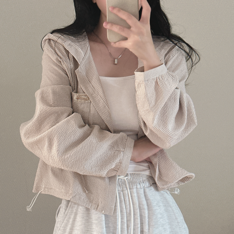 아방핏 스트라이프 와펜 루즈핏 남방 베이지