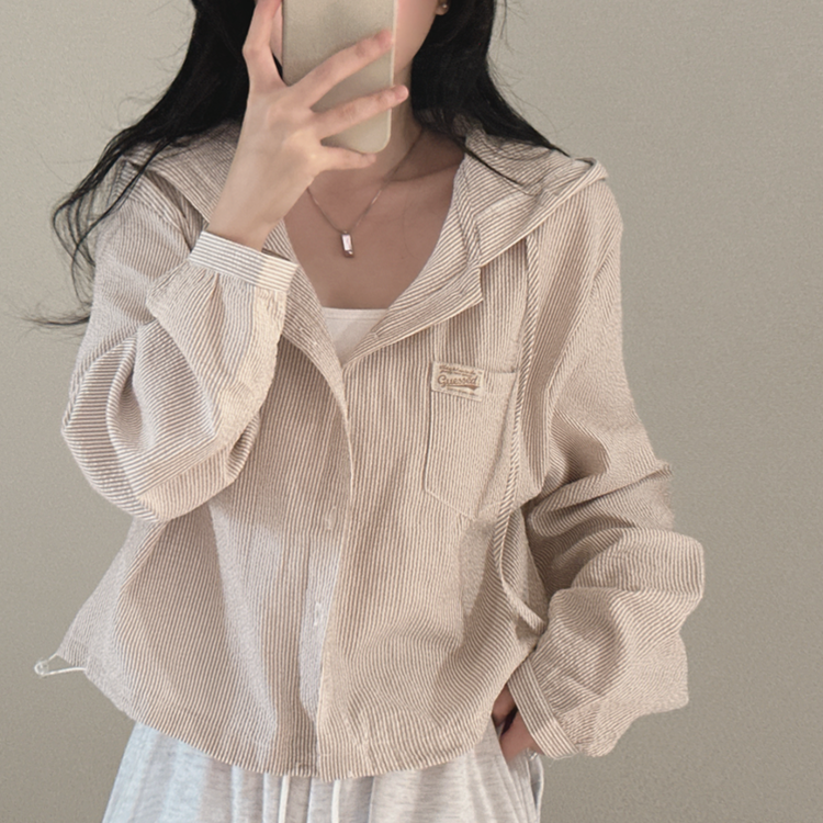 아방핏 스트라이프 와펜 루즈핏 남방 베이지