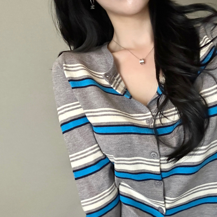 ストライプラウンドカーディガン GREY