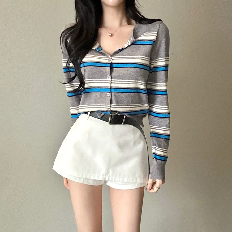 ストライプラウンドカーディガン GREY